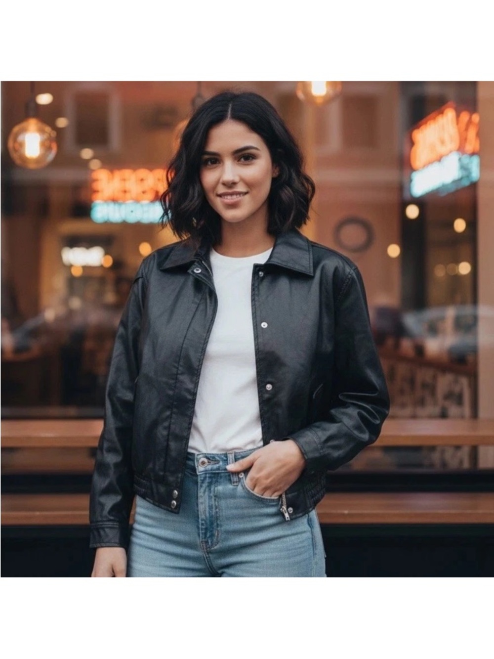 Wild Fable Black Faux Leather Cropped Jacket XS Y2K